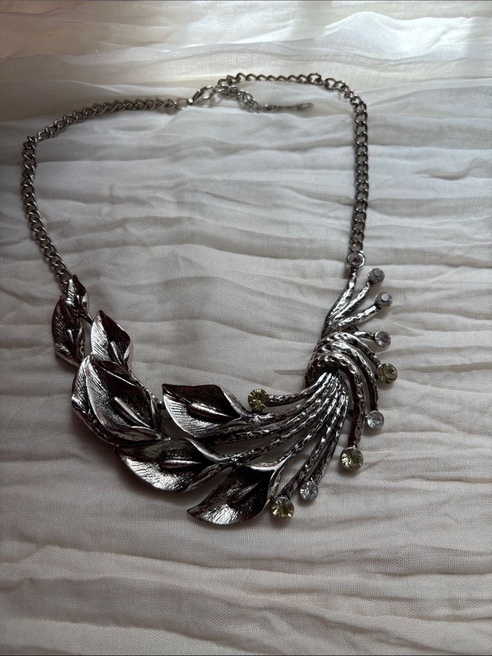 Silver Leaf Cascade Necklace with Clear & Pale Yellow Stones. Costume Statement.